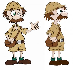 Illustration im Comic-Stil "Professor Zeiger" Er ist vorn vorne und der Seite zu sehen, trägt einen Safarihut und eine Tasche. Er hat ein großes und ein kleines Auge, da er sehr viel augezusammenknfeifend durch seine Lupe geguckt hat.