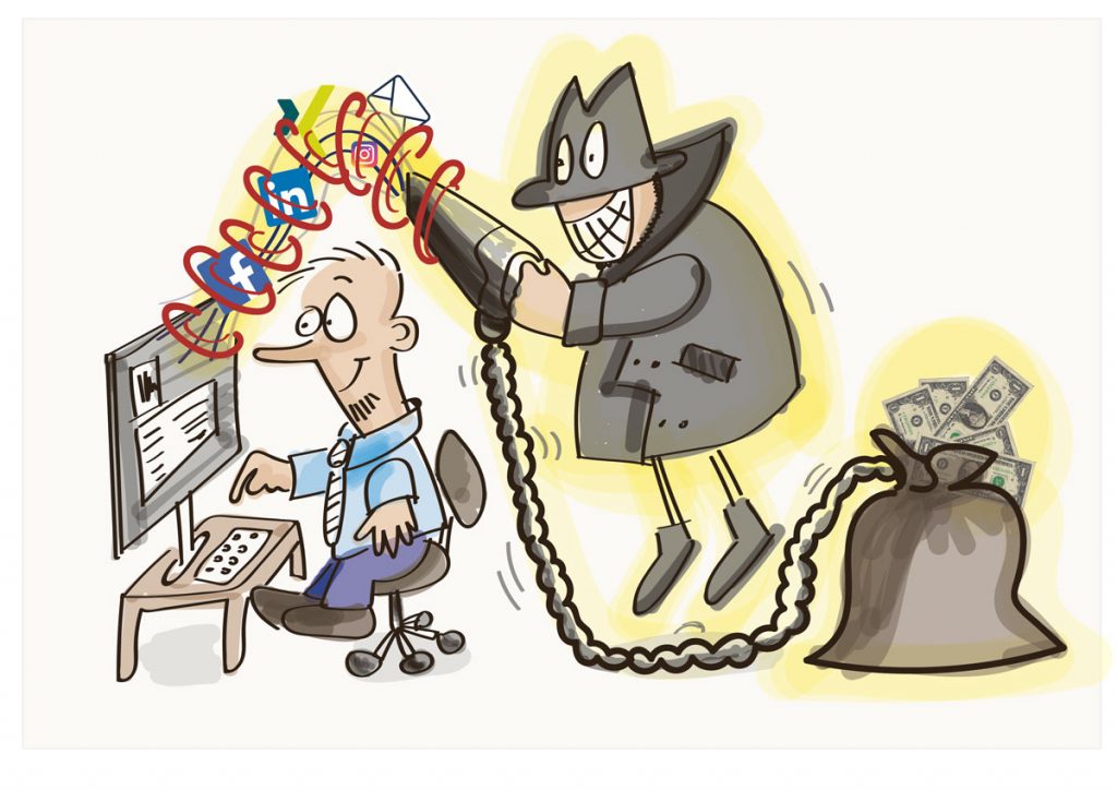 Cartoon mit zwei Personen - "Datendieb": Die eine Person sitzt vor dem Computer, trägt Hemd und Krawatte, die andere Person trägt einen schwarzen Hut und schwarze Kleidung. Sie hat eine Art Handstaubsauger in der Hand mit dem sie die Logos von Facebook, Instgram, LinkedIn und E-Mails aus dem Computer saugt, ohne dass der User es bemerkt. Die Daten landen alle in einem Sack, aus dem Dollarnoten quellen.