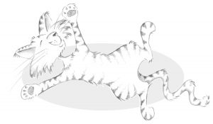 Bleistiftzeichnung einer auf dem Rücken liegenden, lächelnden Katze, die einen sehr enstpannten Eindruck macht.