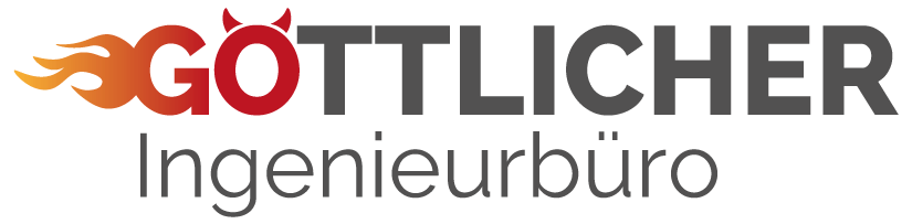 Logodesign für das Ingenieurbüro "Göttlicher". Das G und Ö sind in Rot, das G hat Flammen, das Ö kleine Hörner.