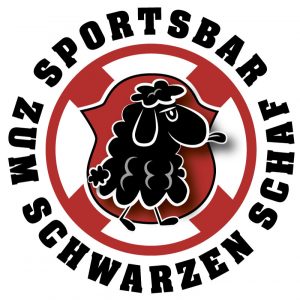 Logo für die Sportsbar zum schwarzen Schaf. Es ist ein rundes Logo mit Schriftzug rundherum, in der Mitte ist ein aufrecht gehendes, genervt dreinblickendes schwarzes Schaf, dass die Zunge rausstreckt.