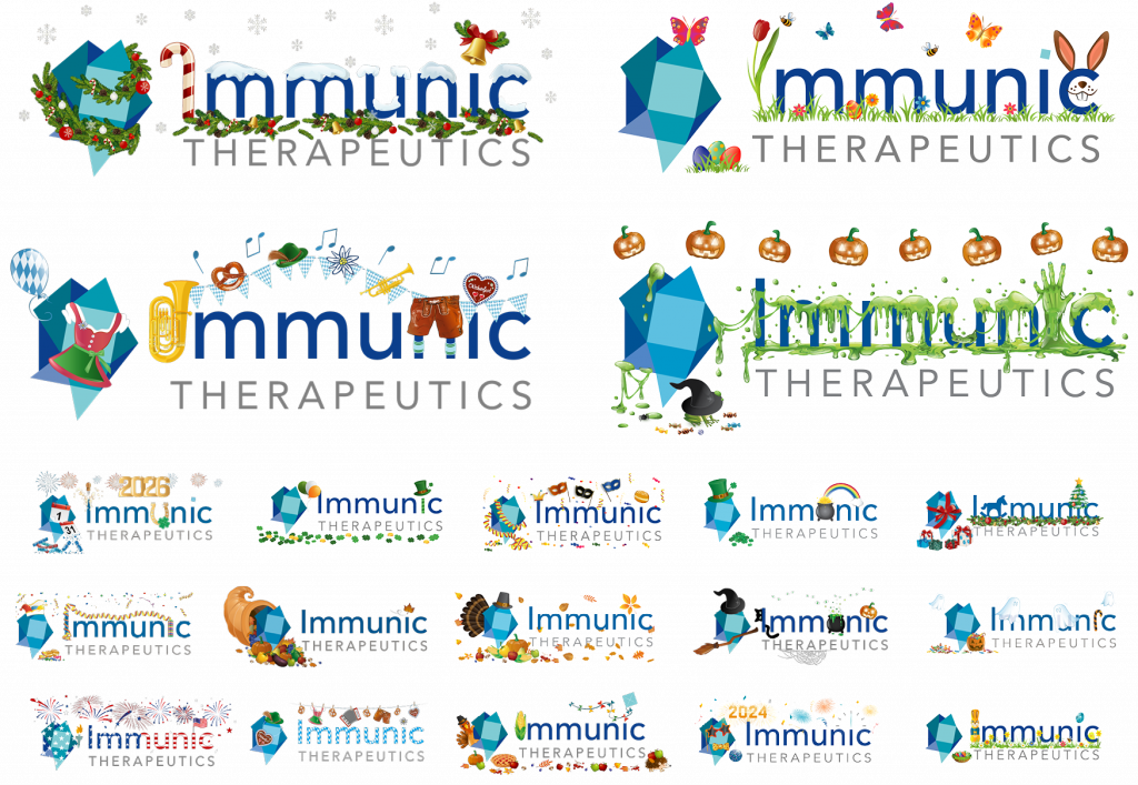 Übersicht einer Vielzahl an Dekorationen für das Logo des Kunden. Die Hauptbeispiele zeigen das Logo mit Zuckerstange, Weihnachtsglocke und Weihnachtskugeln, das Logo zu Ostern mit Schmetterlingen, Ostereiern und einem versteckten Häschen. Das Logo zur Oktoberfestzeit ist mit Dirndl, Lederhosn, Tuba, Brezeln und Bayernflaggen dekoriert. Die Dekoration des Logos zu Halloween besteht aus einer Reihe geschnitzter Kürbisse, einer Kröte die unter einem Hut versteckt ist und sehr viel grünem Schleim. Oh - das kleine i im Schriftzug ist eine grüne Schleimhand - wie gruselig!