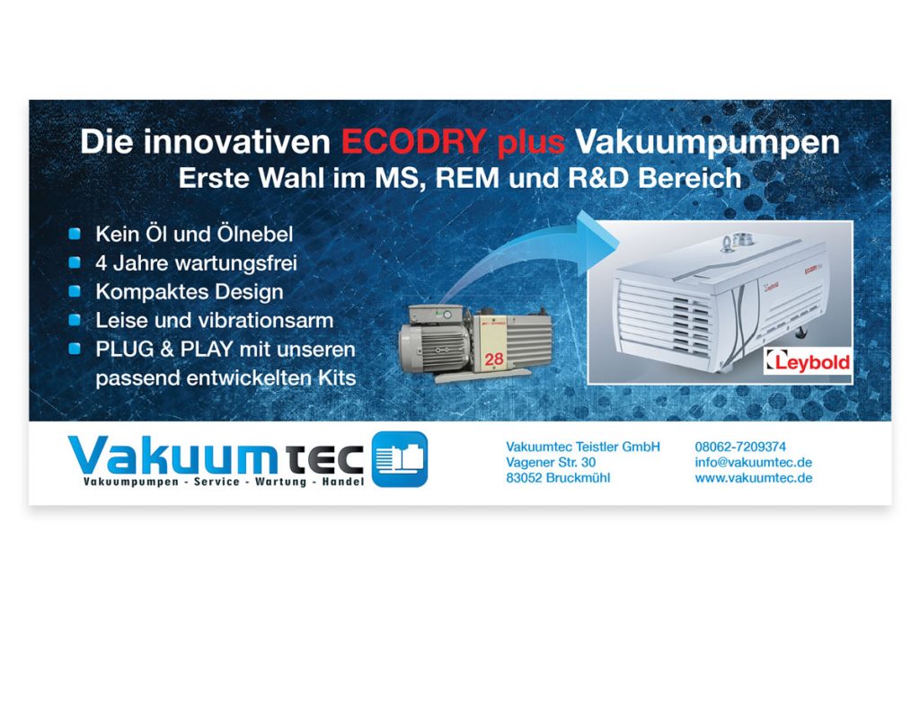 Vorderseite eines Flyers im Querformat mit Produktinformationen im Bereich Vakuumpumpen.