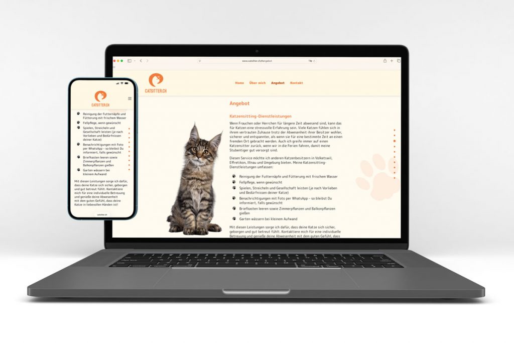 Anzeige der Webseite einer Katzensitterin auf Laptop und Handy