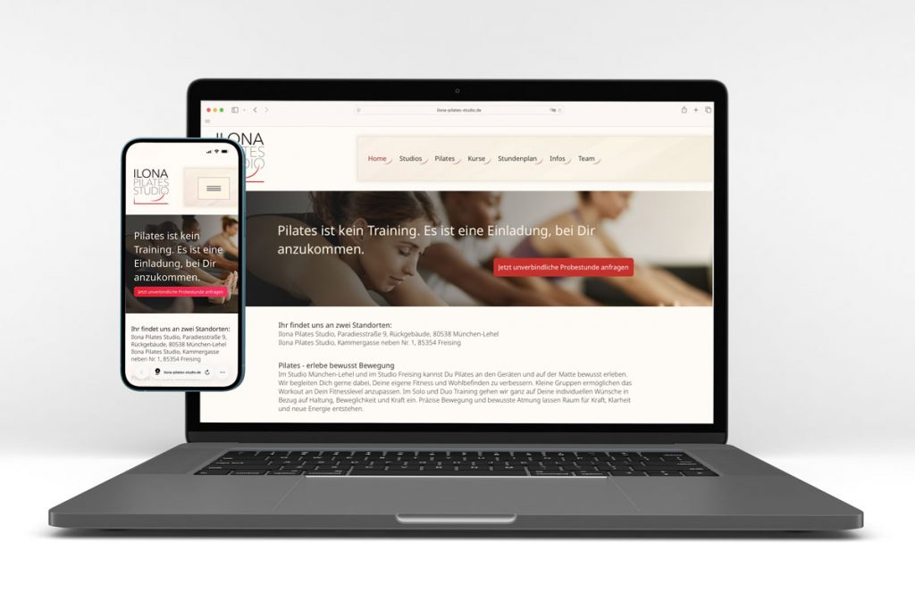 Anzeige der Webseite eines Pilates-Studios auf Laptop und Handy