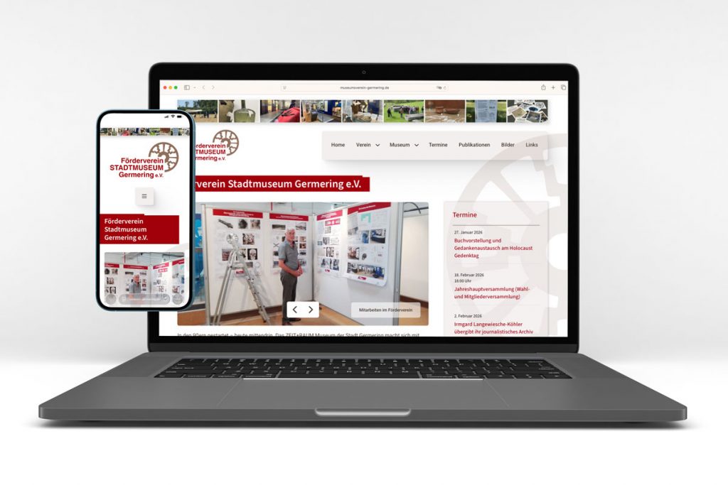 Laptop und Handy - auf den Bildschirmen ist die Webseite des Museumsverein Germering zu sehen