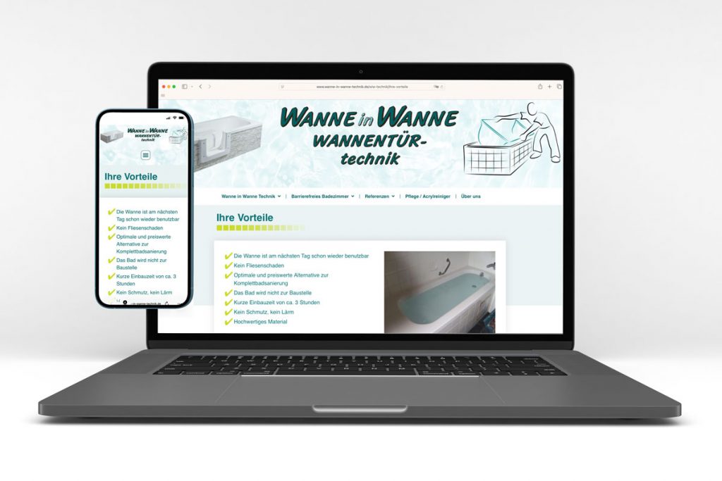 Anzeige der Webseite Wanne in Wanne Technik auf Laptop und Handy