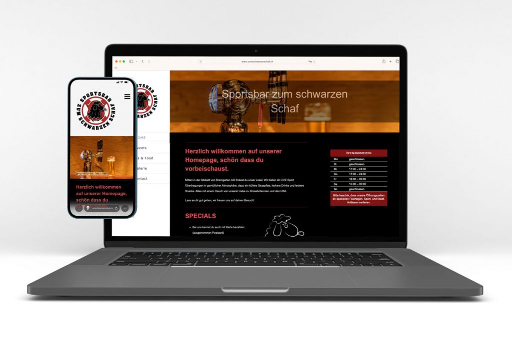 Anzeige der Webseite der Sportsbar zum schwarzen Schaf auf Laptop und Handy